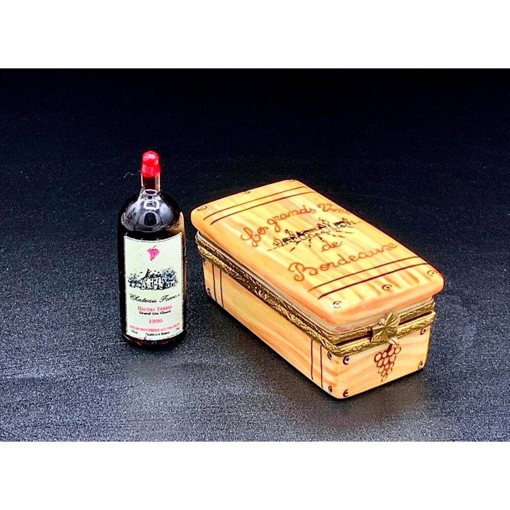 Authentic Limoges Trinket Box – Bordeaux Wine Crate with Mini Bottle Filled